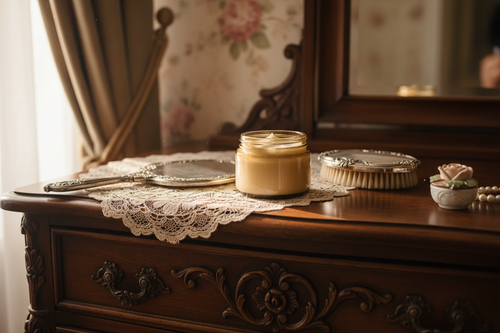 close up of an amber 4 oz jar of cream sitting on a woman's dresser from the 1800's